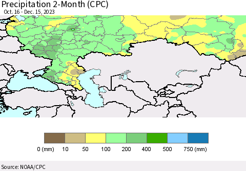 Russian Federation Precipitation 2-Month (CPC) Thematic Map For 10/16/2023 - 12/15/2023