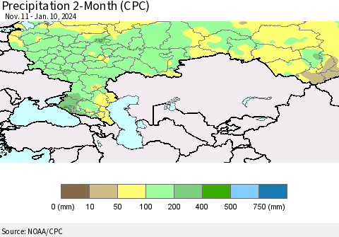Russian Federation Precipitation 2-Month (CPC) Thematic Map For 11/11/2023 - 1/10/2024
