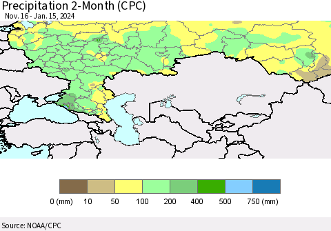 Russian Federation Precipitation 2-Month (CPC) Thematic Map For 11/16/2023 - 1/15/2024