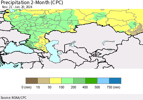 Russian Federation Precipitation 2-Month (CPC) Thematic Map For 11/21/2023 - 1/20/2024