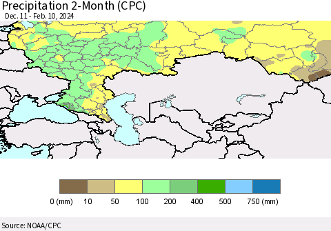 Russian Federation Precipitation 2-Month (CPC) Thematic Map For 12/11/2023 - 2/10/2024