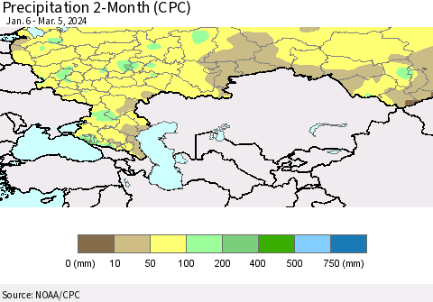 Russian Federation Precipitation 2-Month (CPC) Thematic Map For 1/6/2024 - 3/5/2024