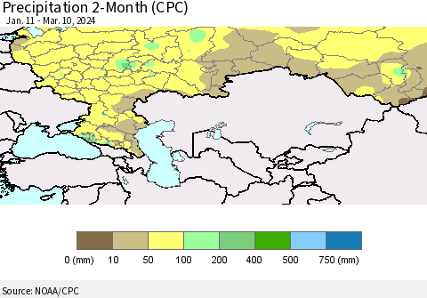 Russian Federation Precipitation 2-Month (CPC) Thematic Map For 1/11/2024 - 3/10/2024