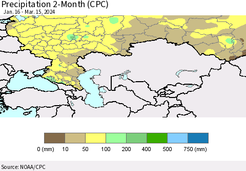Russian Federation Precipitation 2-Month (CPC) Thematic Map For 1/16/2024 - 3/15/2024