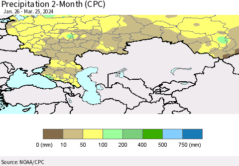 Russian Federation Precipitation 2-Month (CPC) Thematic Map For 1/26/2024 - 3/25/2024