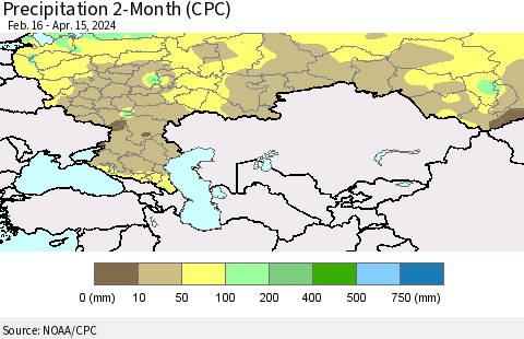 Russian Federation Precipitation 2-Month (CPC) Thematic Map For 2/16/2024 - 4/15/2024