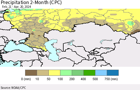 Russian Federation Precipitation 2-Month (CPC) Thematic Map For 2/21/2024 - 4/20/2024