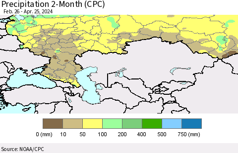 Russian Federation Precipitation 2-Month (CPC) Thematic Map For 2/26/2024 - 4/25/2024