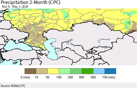 Russian Federation Precipitation 2-Month (CPC) Thematic Map For 3/6/2024 - 5/5/2024
