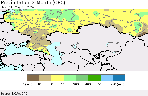 Russian Federation Precipitation 2-Month (CPC) Thematic Map For 3/11/2024 - 5/10/2024