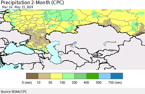 Russian Federation Precipitation 2-Month (CPC) Thematic Map For 3/16/2024 - 5/15/2024