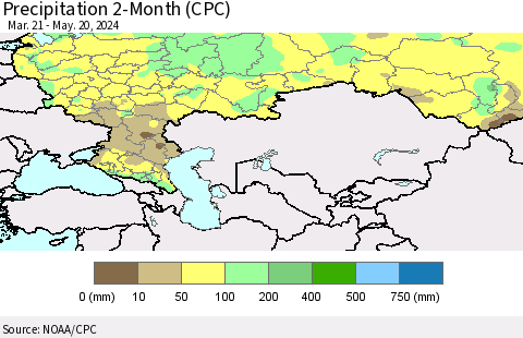 Russian Federation Precipitation 2-Month (CPC) Thematic Map For 3/21/2024 - 5/20/2024