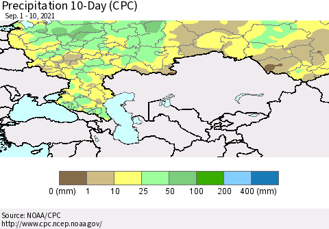 Russian Federation Precipitation 10-Day (CPC) Thematic Map For 9/1/2021 - 9/10/2021