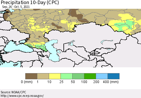Russian Federation Precipitation 10-Day (CPC) Thematic Map For 9/26/2021 - 10/5/2021