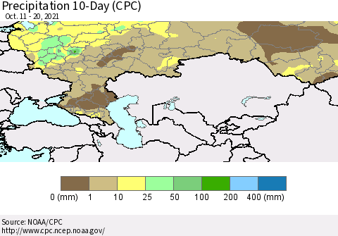 Russian Federation Precipitation 10-Day (CPC) Thematic Map For 10/11/2021 - 10/20/2021