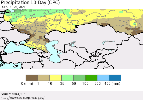Russian Federation Precipitation 10-Day (CPC) Thematic Map For 10/16/2021 - 10/25/2021