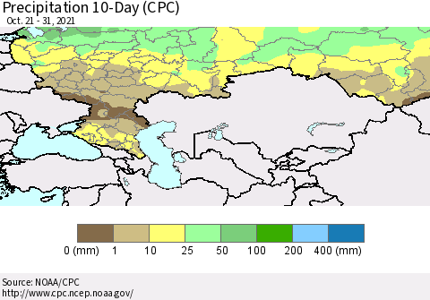 Russian Federation Precipitation 10-Day (CPC) Thematic Map For 10/21/2021 - 10/31/2021