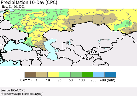 Russian Federation Precipitation 10-Day (CPC) Thematic Map For 11/21/2021 - 11/30/2021