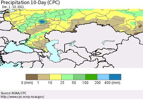 Russian Federation Precipitation 10-Day (CPC) Thematic Map For 12/1/2021 - 12/10/2021