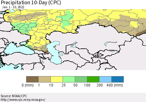 Russian Federation Precipitation 10-Day (CPC) Thematic Map For 1/1/2022 - 1/10/2022