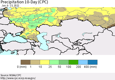 Russian Federation Precipitation 10-Day (CPC) Thematic Map For 1/6/2022 - 1/15/2022