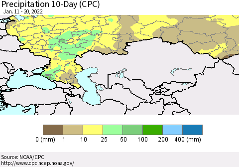 Russian Federation Precipitation 10-Day (CPC) Thematic Map For 1/11/2022 - 1/20/2022