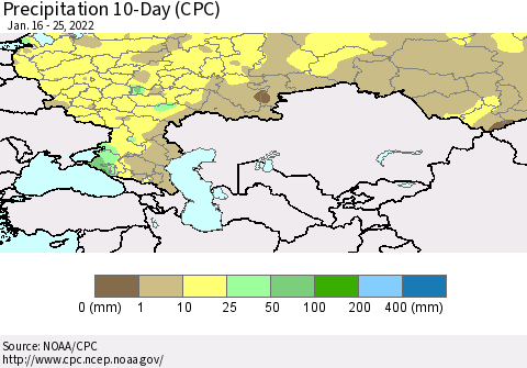 Russian Federation Precipitation 10-Day (CPC) Thematic Map For 1/16/2022 - 1/25/2022