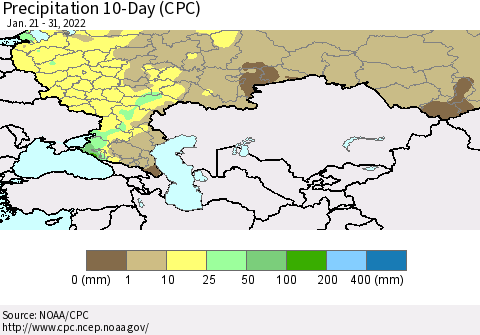 Russian Federation Precipitation 10-Day (CPC) Thematic Map For 1/21/2022 - 1/31/2022