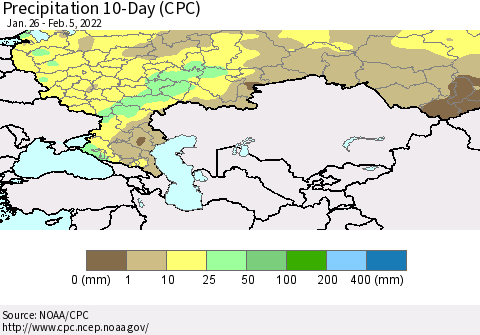 Russian Federation Precipitation 10-Day (CPC) Thematic Map For 1/26/2022 - 2/5/2022