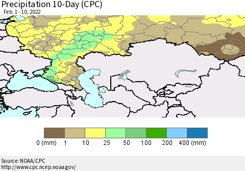Russian Federation Precipitation 10-Day (CPC) Thematic Map For 2/1/2022 - 2/10/2022