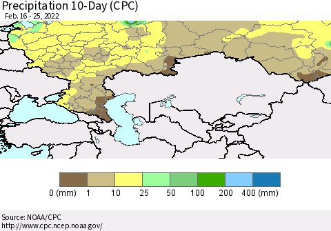 Russian Federation Precipitation 10-Day (CPC) Thematic Map For 2/16/2022 - 2/25/2022