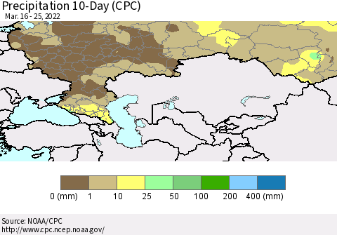 Russian Federation Precipitation 10-Day (CPC) Thematic Map For 3/16/2022 - 3/25/2022