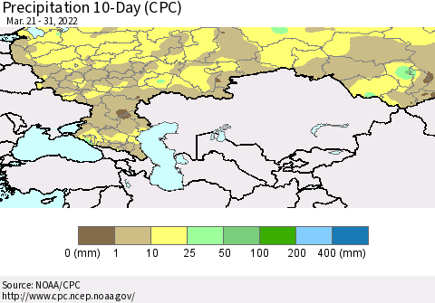 Russian Federation Precipitation 10-Day (CPC) Thematic Map For 3/21/2022 - 3/31/2022