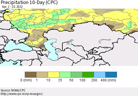 Russian Federation Precipitation 10-Day (CPC) Thematic Map For 4/1/2022 - 4/10/2022