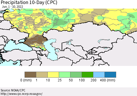 Russian Federation Precipitation 10-Day (CPC) Thematic Map For 6/1/2022 - 6/10/2022