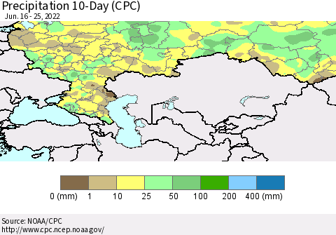 Russian Federation Precipitation 10-Day (CPC) Thematic Map For 6/16/2022 - 6/25/2022