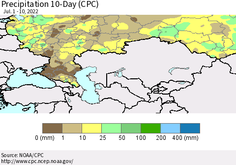 Russian Federation Precipitation 10-Day (CPC) Thematic Map For 7/1/2022 - 7/10/2022