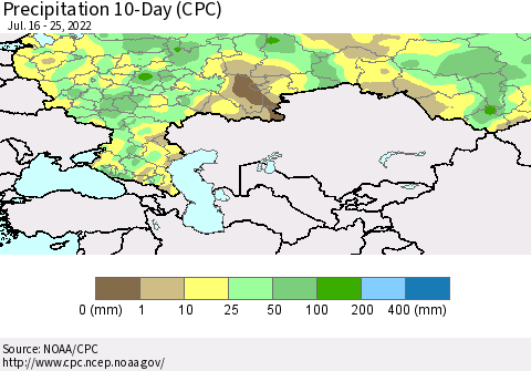 Russian Federation Precipitation 10-Day (CPC) Thematic Map For 7/16/2022 - 7/25/2022