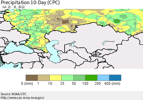 Russian Federation Precipitation 10-Day (CPC) Thematic Map For 7/21/2022 - 7/31/2022