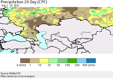 Russian Federation Precipitation 10-Day (CPC) Thematic Map For 8/1/2022 - 8/10/2022