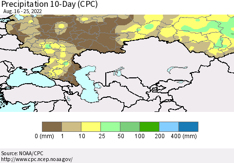 Russian Federation Precipitation 10-Day (CPC) Thematic Map For 8/16/2022 - 8/25/2022