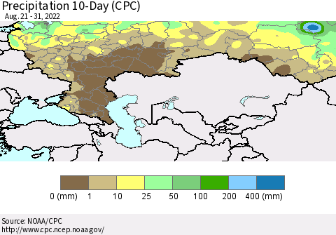 Russian Federation Precipitation 10-Day (CPC) Thematic Map For 8/21/2022 - 8/31/2022