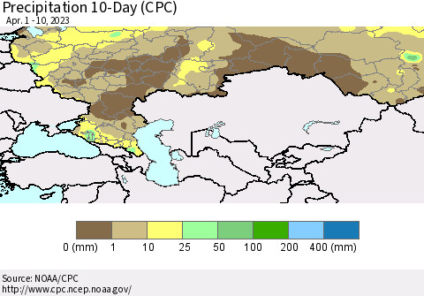 Russian Federation Precipitation 10-Day (CPC) Thematic Map For 4/1/2023 - 4/10/2023