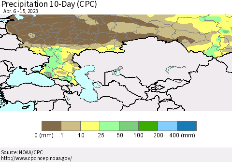 Russian Federation Precipitation 10-Day (CPC) Thematic Map For 4/6/2023 - 4/15/2023