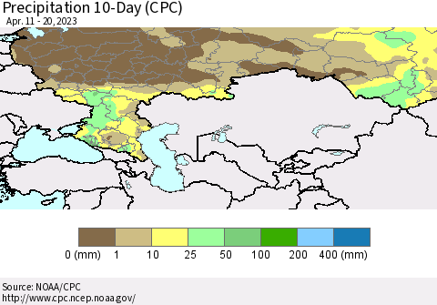 Russian Federation Precipitation 10-Day (CPC) Thematic Map For 4/11/2023 - 4/20/2023