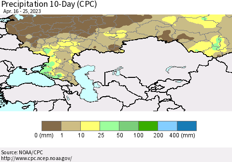 Russian Federation Precipitation 10-Day (CPC) Thematic Map For 4/16/2023 - 4/25/2023