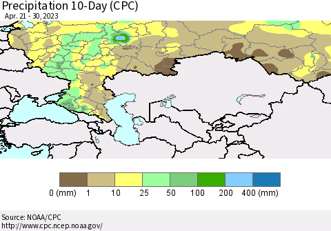 Russian Federation Precipitation 10-Day (CPC) Thematic Map For 4/21/2023 - 4/30/2023