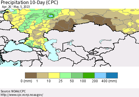 Russian Federation Precipitation 10-Day (CPC) Thematic Map For 4/26/2023 - 5/5/2023