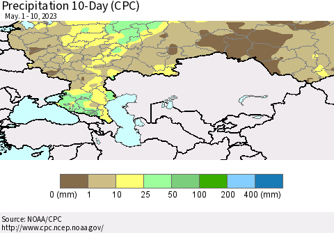 Russian Federation Precipitation 10-Day (CPC) Thematic Map For 5/1/2023 - 5/10/2023