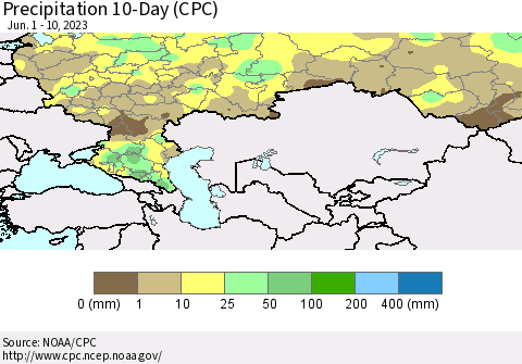 Russian Federation Precipitation 10-Day (CPC) Thematic Map For 6/1/2023 - 6/10/2023